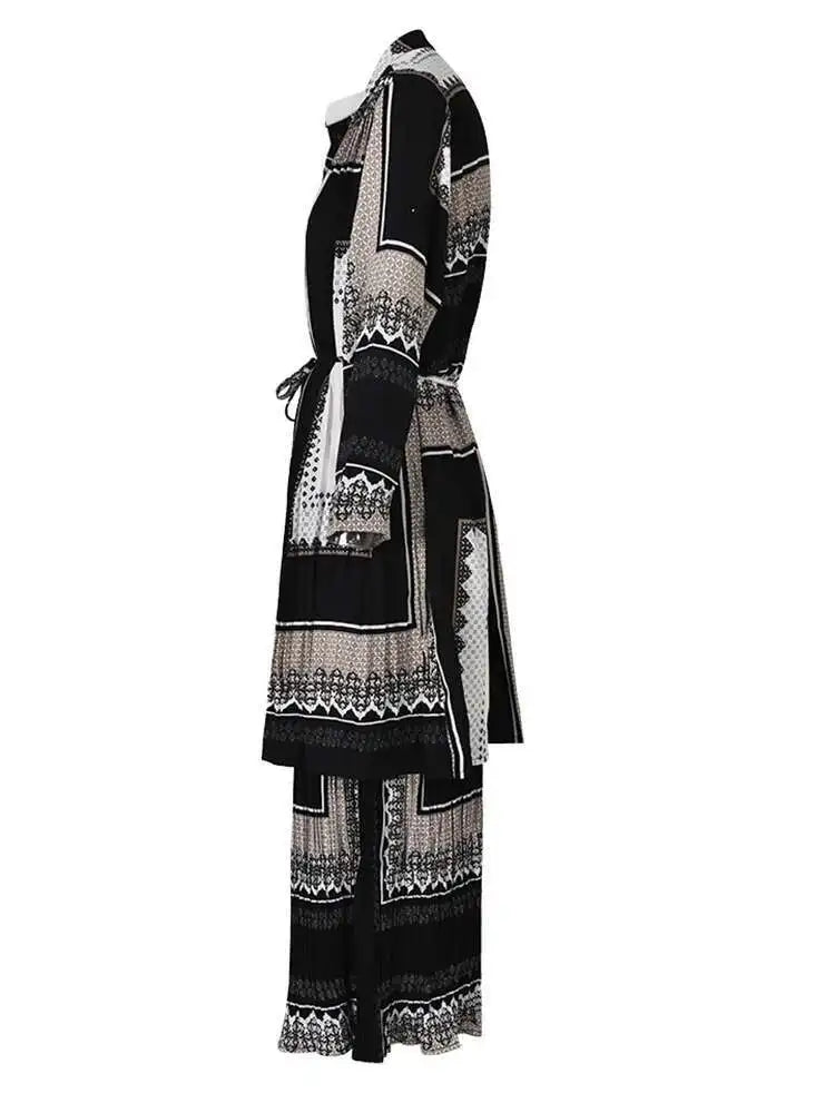 Big Size Printed Pleated Shirt Pants Two Piece Suit New Round Neck Long Sleeve Women Fashion Spring Autumn 2025 3AJ915