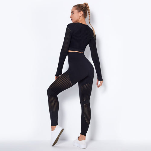 Load image into Gallery viewer, Seamless Gym Set Women Sexy Patchwork Mesh 2 Piece Yoga Set Fitness Long Sleeve Crop Top Sports Leggings Outfits Workout Clothes
