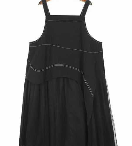 Women Black Topstitched Mesh Big Size Strap Dress New Square Collar Sleeveless Fashion Tide Spring Autumn 2025  1DH6192