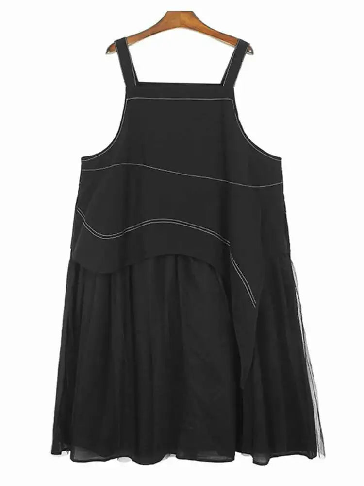 Women Black Topstitched Mesh Big Size Strap Dress New Square Collar Sleeveless Fashion Tide Spring Autumn 2025  1DH6192