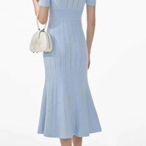 Load image into Gallery viewer, Fashion Women Solid V Neck Single Breasted Hollowed Out Knitted Dress Spring Summer Short Sleeves Festival Fishtail Long Dresses
