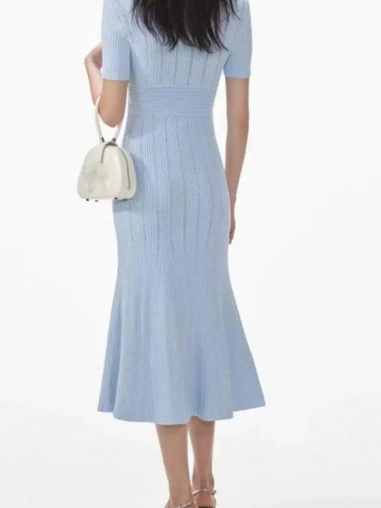 Fashion Women Solid V Neck Single Breasted Hollowed Out Knitted Dress Spring Summer Short Sleeves Festival Fishtail Long Dresses
