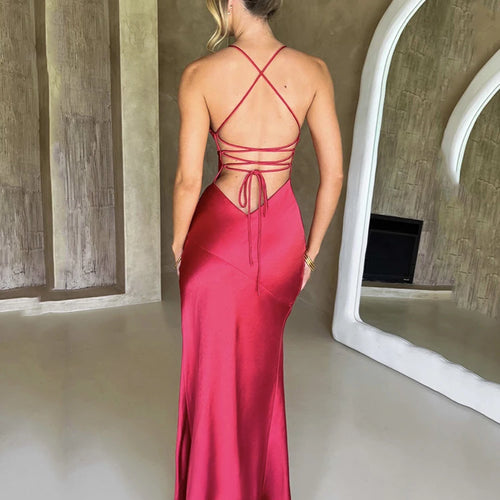 Load image into Gallery viewer, Sexy Strapless Satin Maxi Dress Women Open Back High Slit Slim Dress Women 2024Spring Summer Elegant Party Club Vestidos
