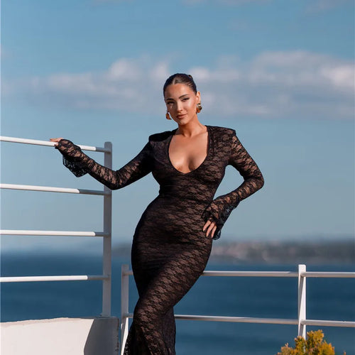 Load image into Gallery viewer, Elegant Lace Long Sleeve Sexy Maxi Dress For Women Fashion Deep V Neck Bodycon Party Club Sexy Long Dress Fashion
