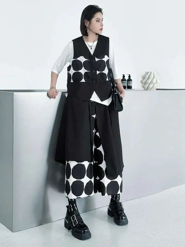 Big Size Black Dot Vest Wide Leg Pants Two Piece Suit New V-Neck Sleeveless Women Fashion Tide Spring Autumn 2025 1DJ1039