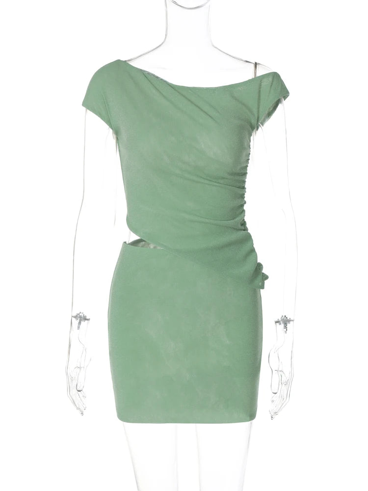 Solid Short Sleeve Skew Collar Irregular Sexy Crop Top Mini Skirt 2 Pcs Matching Sets Summer Outfits Party Festival