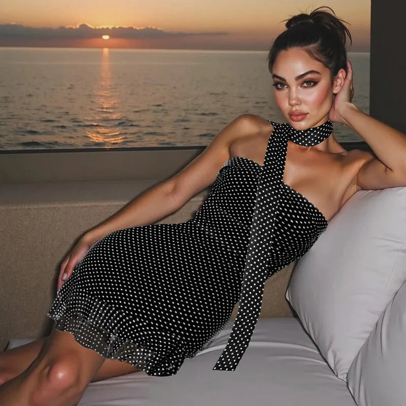 Scarf Collar Polka Dot Mini Dress Women Robe Fashion Off-shoulder Backless Sleeveless Ruffled Club Party Dress Vestido