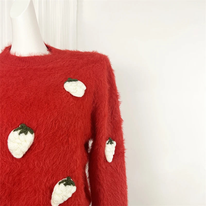 Autumn Winter Sweet Red Mink Strawberry Print Knitted Sweater Women Vintage Round Neck Vacation Long Sleeves Soft Pullover Tops