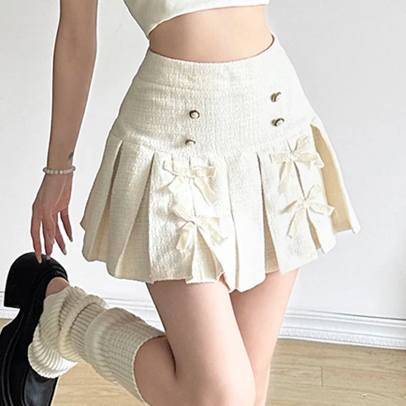 Korean Fashion Party Pleated Skirt Women Buttons Bow Coquette Clothes Harajuku Mini Skirt Elegant High Waisted Bottom