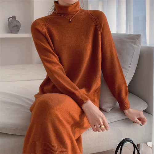 Load image into Gallery viewer, Autumn Winter 2023 New Solid High Neck Casual Loose Knitted Dresses Women Straight Long Sleeve Sweater Dress Popular Simplicity
