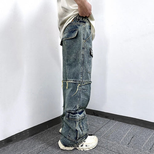 Load image into Gallery viewer, Men's Jeans Washed Denim Pants Multiple Pockets Stitched Edges Distressed Design Male Trousers Summer Overalls 9W1771
