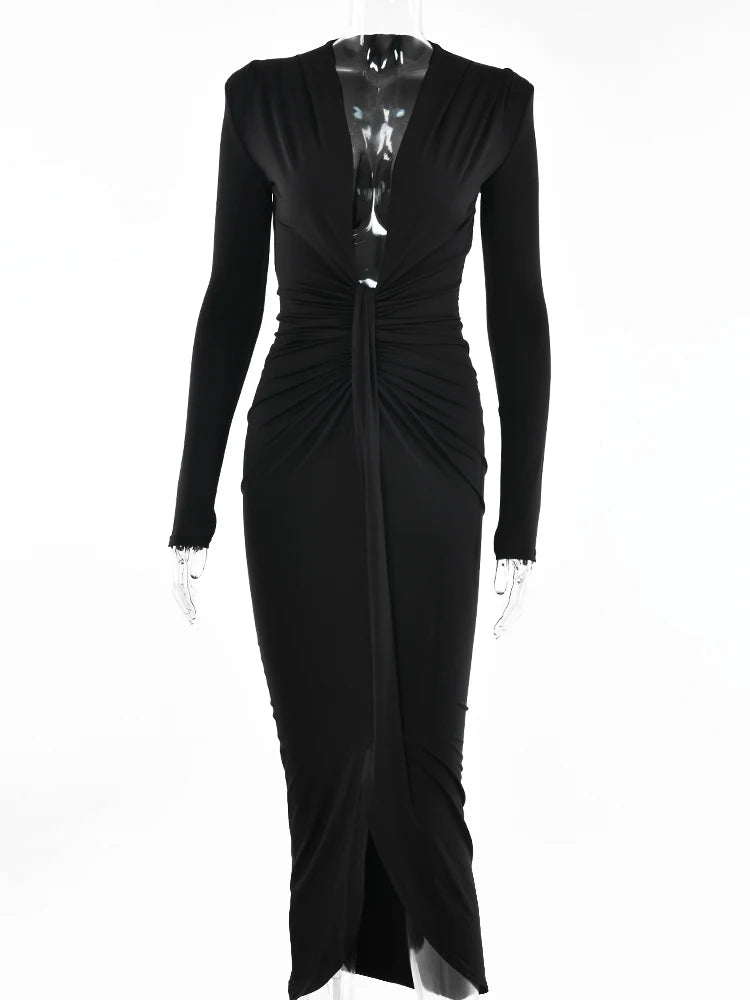 Side Split Pleated Evening Dress Women Sexy Slim High Waist Elegant Party Robe Bodycon Deep V Neck Bandage Ladies Dress