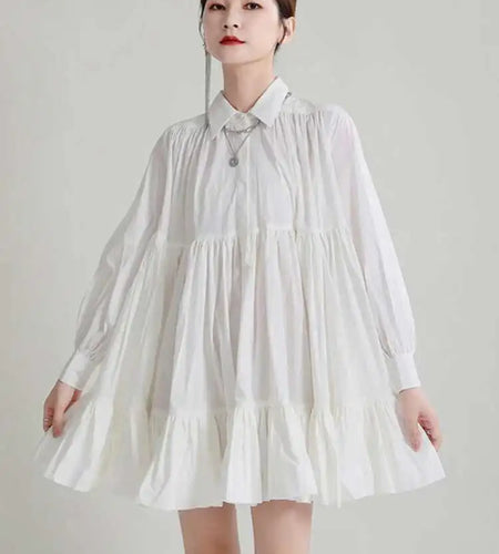 Women Black Pleated Elegant Mini Shirt Dress New Lapel Long Sleeve Loose Fit Fashion Tide Spring Autumn 2025 1DE365901