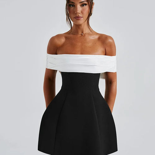 Load image into Gallery viewer, Bow Backless Sexy Mini Dress For Women Robe Elegant Off-shoulder Strapless Sleeveless A-line Club Sexy Dress Vestido
