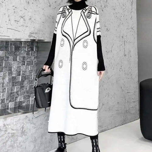 Load image into Gallery viewer, Women Black Pattern Both Side Wear Big Size Sweater Dress New Turtleneck Long Sleeve Fashion Spring Autumn 2025 1DH8332
