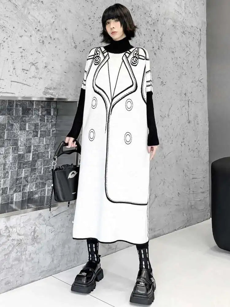Women Black Pattern Both Side Wear Big Size Sweater Dress New Turtleneck Long Sleeve Fashion Spring Autumn 2025 1DH8332