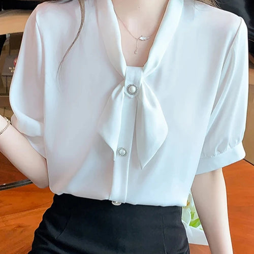 Load image into Gallery viewer, Bow Puff Sleeve Summer Women Shirt Solid Color New Chic Buttons Fashion Female Shirts Korean Style Elegant Office Lady
