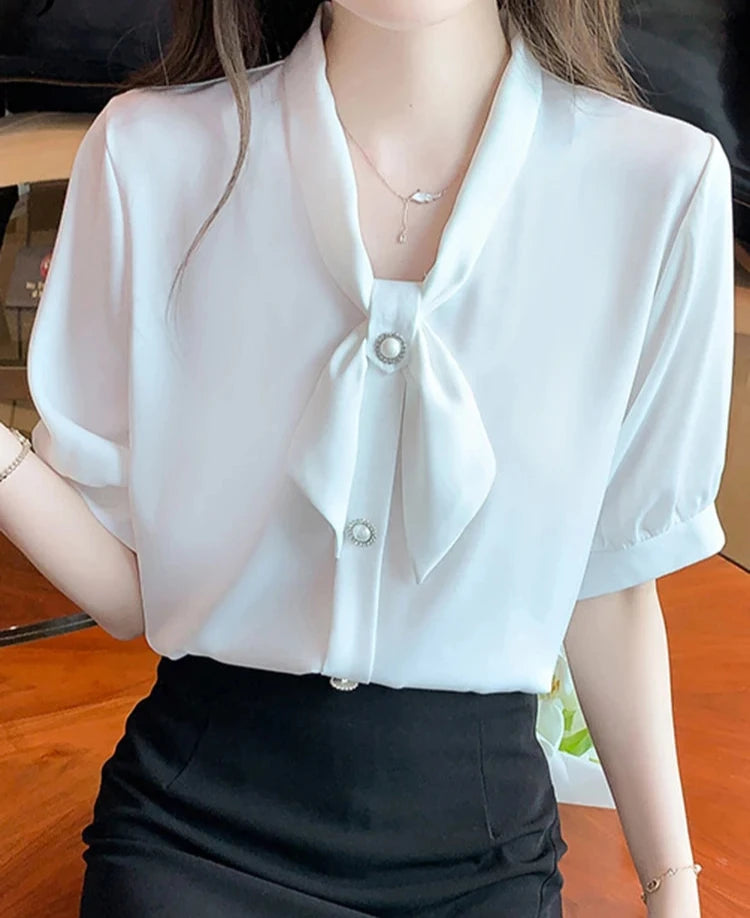 Bow Puff Sleeve Summer Women Shirt Solid Color New Chic Buttons Fashion Female Shirts Korean Style Elegant Office Lady