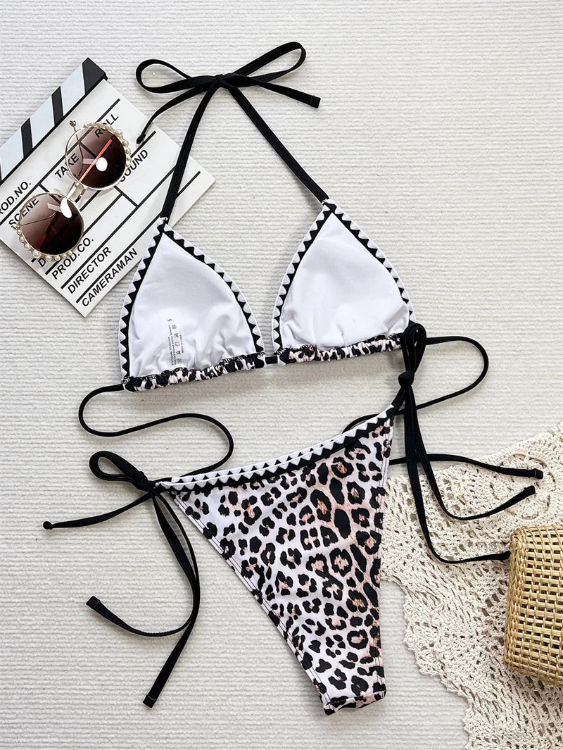 Sexy Leopard Halter Strappy High Cut Bikini Women Swimwear Female Swimsuit Two-pieces Bikini set Brazilian Beachwear