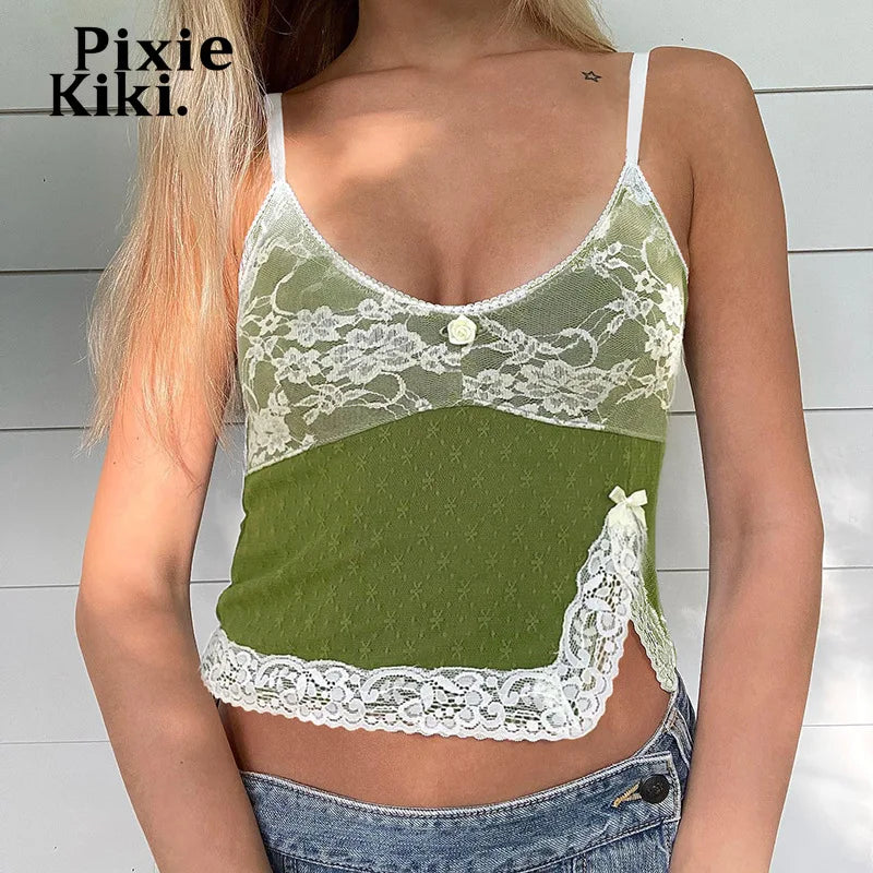 Lace Spliced Camisole Soft Girl Aesthetic V Neck Side Split Crop Top Y2k 2000s Ladies Tops New Arrival 2024 P84-CZ10