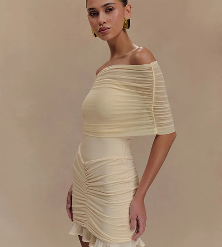 Mesh Strapless Off-shoulder Sexy Ruffled Mini Dress For Women Fashion Backless High Waist Female Ruched Party Dress