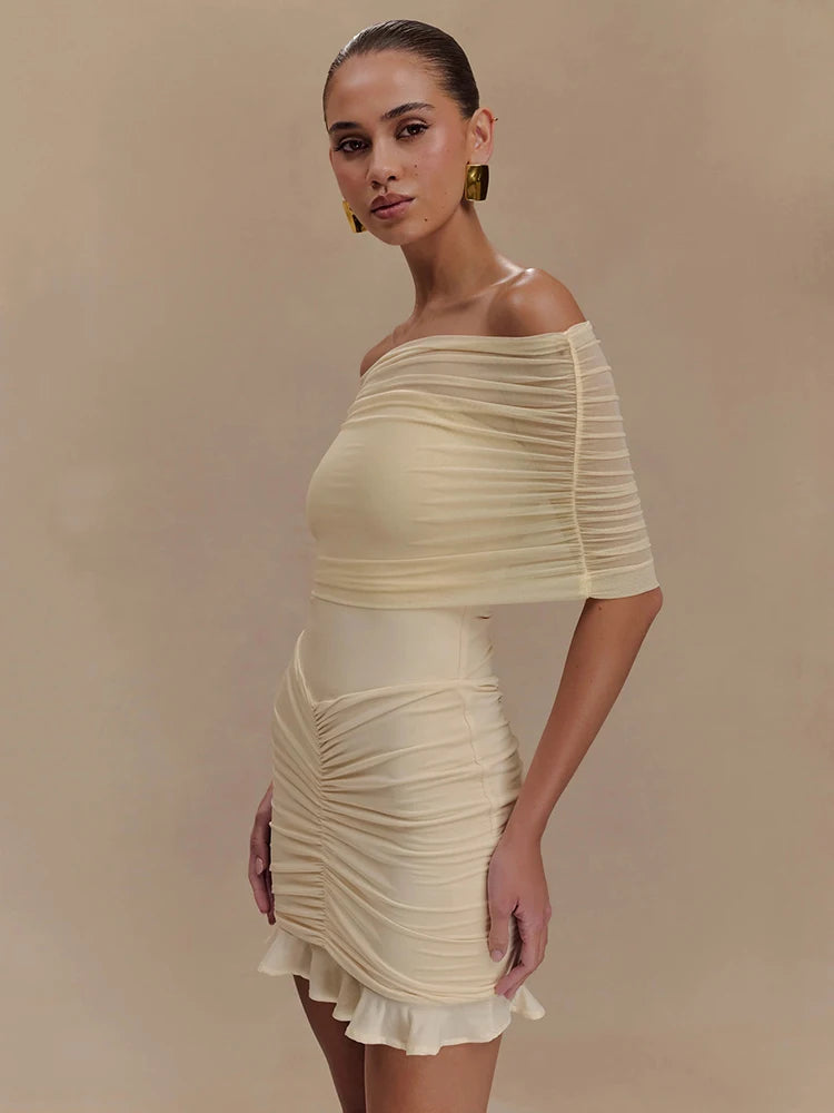 Mesh Strapless Off-shoulder Sexy Ruffled Mini Dress For Women Fashion Backless High Waist Female Ruched Party Dress