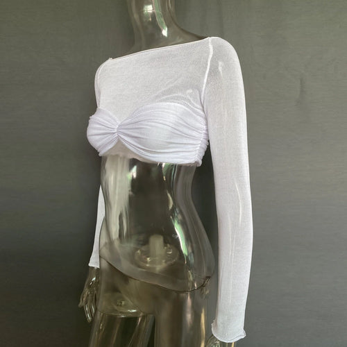 Load image into Gallery viewer, See Through Mesh Crop Top Women Pullovers Strapless Short Knit Cropped Tops Ladies Tee Shirt Sexy Off-shoulder T-shirt
