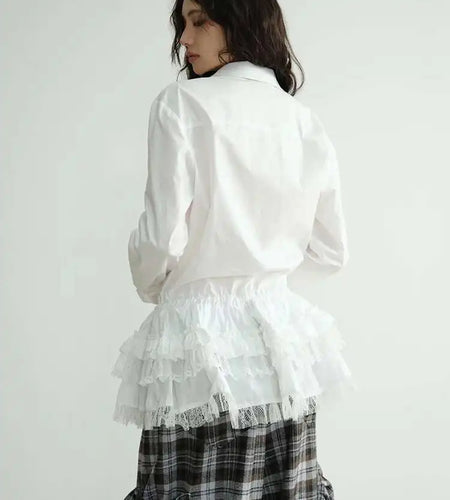 Women White Lace Ruffles Big Size Elegant Blouse New Lapel Long Sleeve Shirt Fashion Tide Spring Autumn 2025 1DH8274