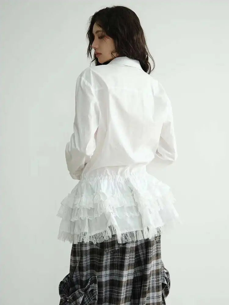 Women White Lace Ruffles Big Size Elegant Blouse New Lapel Long Sleeve Shirt Fashion Tide Spring Autumn 2025 1DH8274