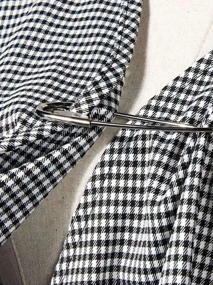 Women Black Plaid Irregular Stitch Big Size Dress New V-Neck Long Sleeve Loose Fit Fashion Tide Spring Autumn 2025 JG892