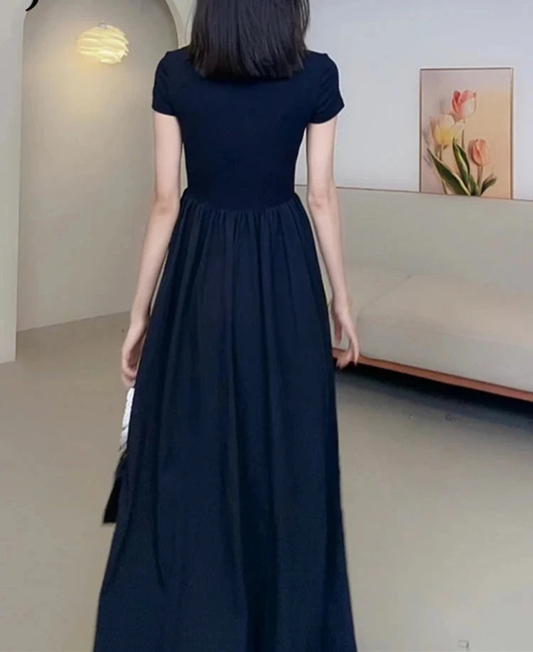 Black Slim Summer Women Dresses Solid Color Ruffles Short Sleeve Simple Female Dress French Style Sweet Evening Dress