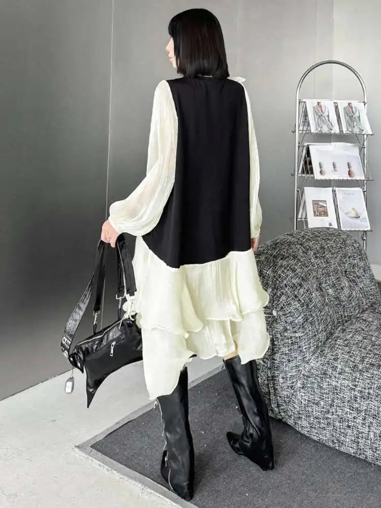 Women Black Ruffles Color-block Big Size Knee-Length Dress New Round Neck Long Sleeve Fashion Spring Autumn 2025 1DH7239
