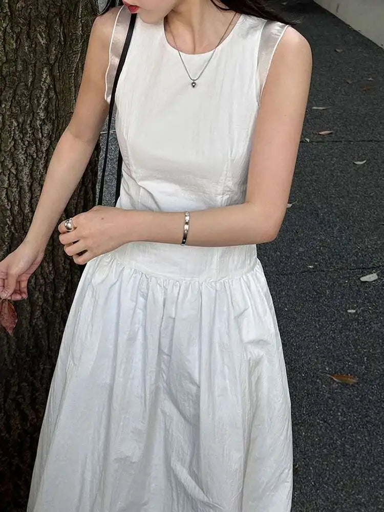 Women Coffee Color-block Elegant Long Vest Dress New Round Neck Sleeveless Fashion Tide Spring Summer 2025 1DJ0743