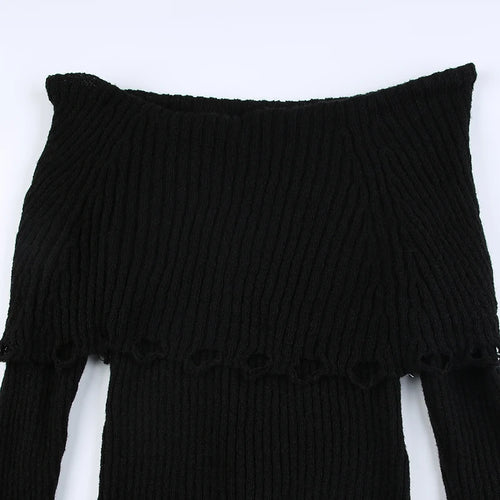 Load image into Gallery viewer, Grunge Fashion Frill Off Shoulder Autumn Sweater Women Flare Sleeve Vintage Pullover Knitwear Transparent Knit Jumper
