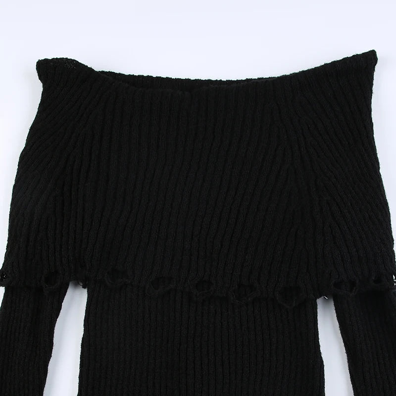 Grunge Fashion Frill Off Shoulder Autumn Sweater Women Flare Sleeve Vintage Pullover Knitwear Transparent Knit Jumper
