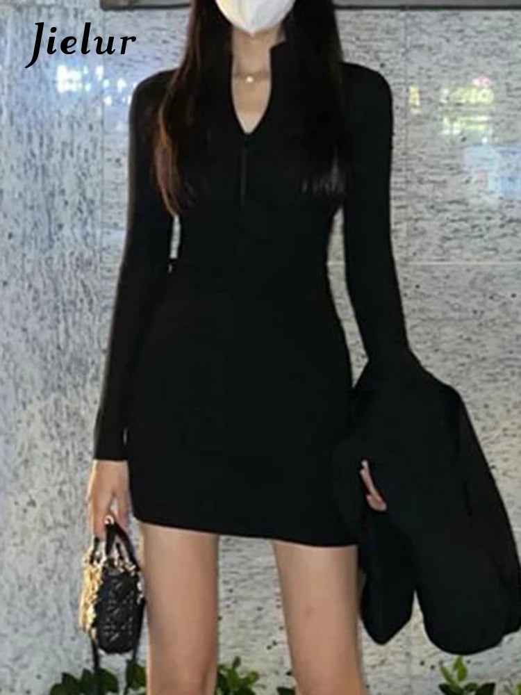 Tight Hip Black Sexy Slim Women's Dresses French Style Polo Neck Zipper Knitting Fashion Female Streetwear Simple Dress