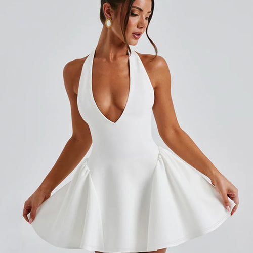 Load image into Gallery viewer, Deep V Neck Backless Sexy Mini Dress For Women Elegant Halter Sleeveless High Waist A-line Pleated Club Party Dress
