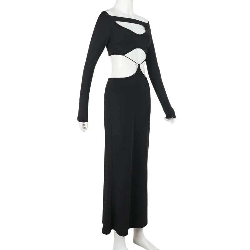Hollow Out Long Sleeve Sexy Maxi Dress For Women Black Solid Backless Bodycon Club Party Sexy Long Dress Elegant