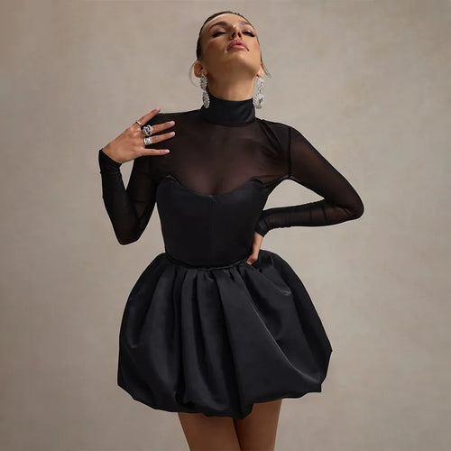 Load image into Gallery viewer, Turtleneck Sheer Long Sleeve Sexy Mini Dress For Women Black See Through High Waist A-line Club Party Dress Elegant
