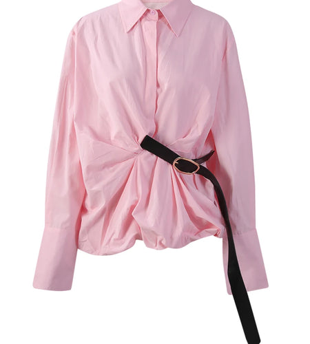 Women Pink Color Belted Irregular Big Size Bud Blouse New Lapel Long Sleeve Shirt Fashion Tide Spring Autumn 2025 7AB6480