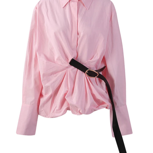 Load image into Gallery viewer, Women Pink Color Belted Irregular Big Size Bud Blouse New Lapel Long Sleeve Shirt Fashion Tide Spring Autumn 2025 7AB6480
