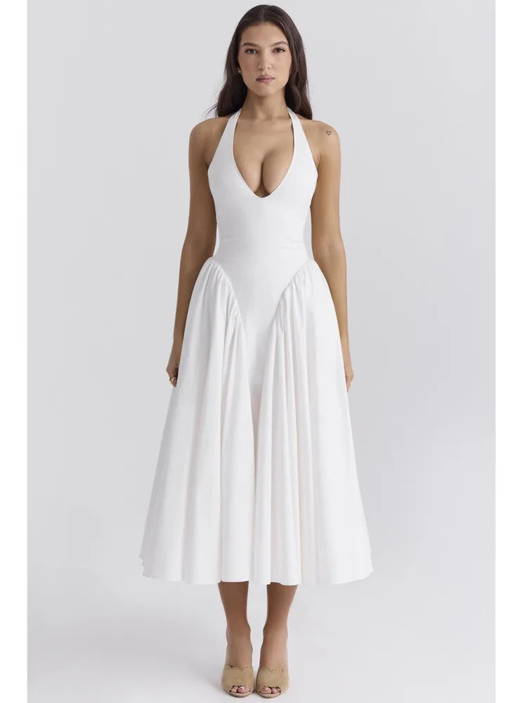 Elegant Sleeveless Bodycon Long Dress Women 2024 Summer New Sexy Hanging Neck Deep V-Neck Vestido Backless Evening Dress