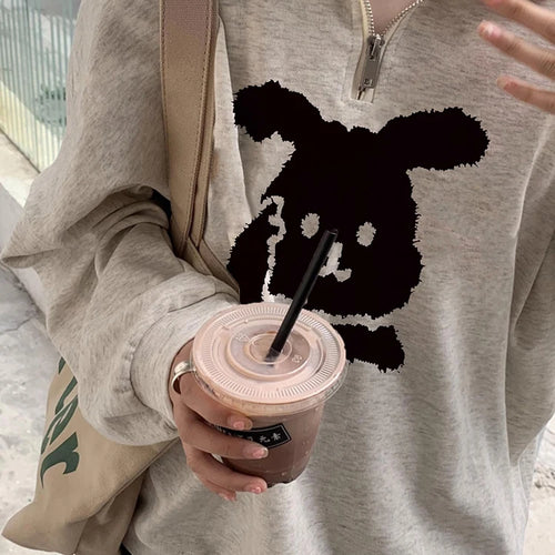 Load image into Gallery viewer, Printing Casual Polo Neck Women Hoodies Chic Zipper Fashion Office Ladies Griege Loose Female Sweatshirt Basic Streetwear
