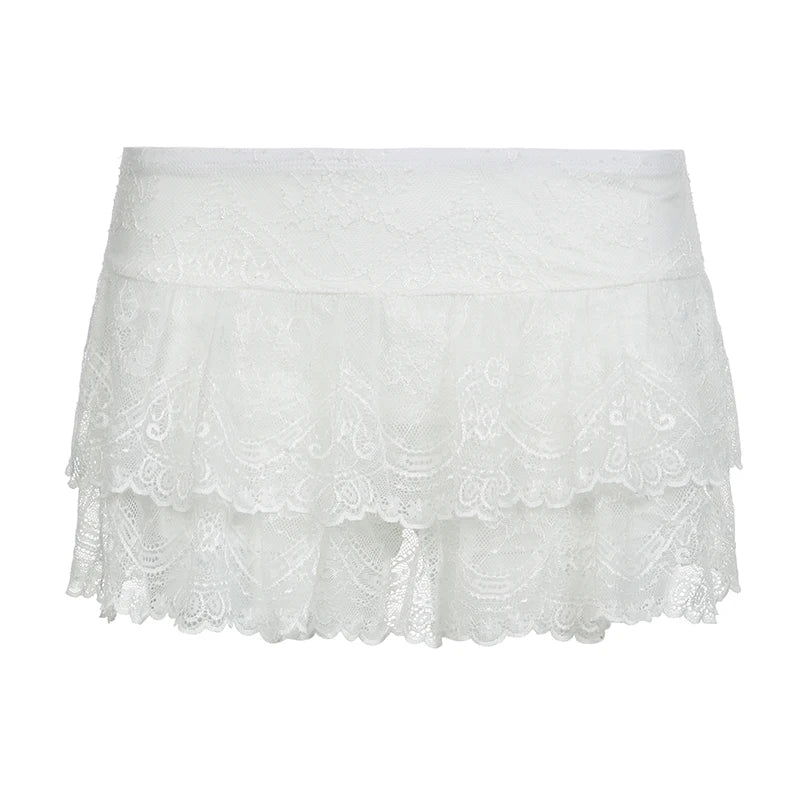 Fashion Y2K Aesthetic White Lace Skirt Chic 2000s Aesthetic Fold Vintage Low Rise Mini Skirts Women Double Layer New