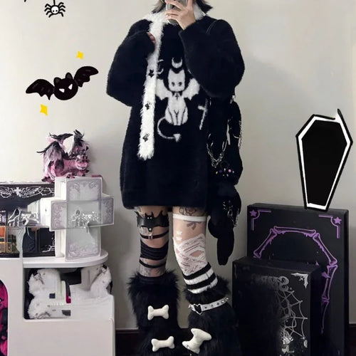 Load image into Gallery viewer, Harajuku Gothic Casual Oversized Knitted Jumpers Grunge Cartoon Sweater Fashion Knitwear Y2k Aesthetic Balack Loose Pullover
