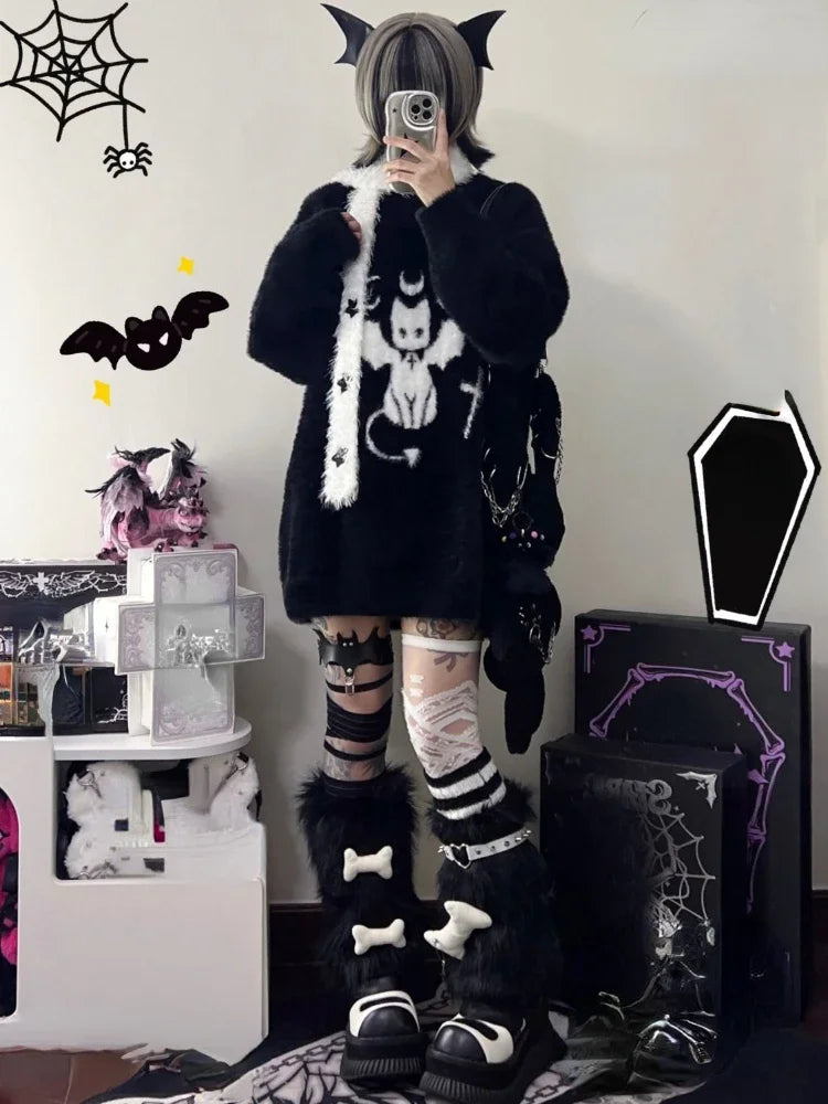 Harajuku Gothic Casual Oversized Knitted Jumpers Grunge Cartoon Sweater Fashion Knitwear Y2k Aesthetic Balack Loose Pullover