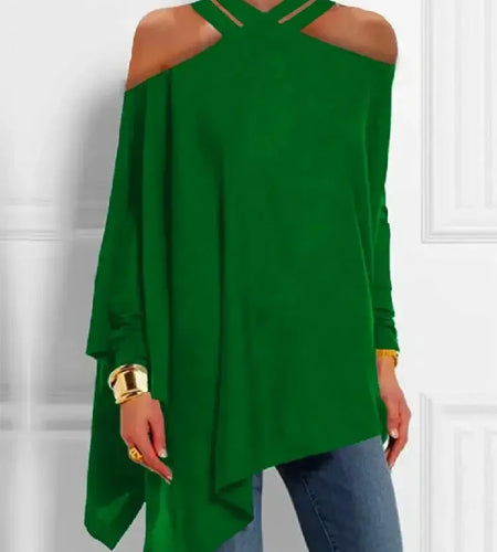 Women's Minimalist Daily Tops Hollowed Cold Shoulder Halter Long Sleeve Loose Pleated Shirt Elegant Asymmetric Blouse