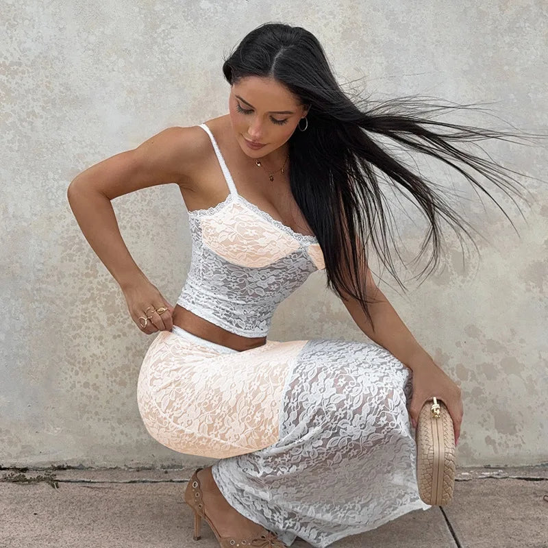 Lace Sexy Two Piece Sets Women Lace Halter Cropped Tops And Skirt Ladies Print Contrast Color Club Party 2 Piece Sets