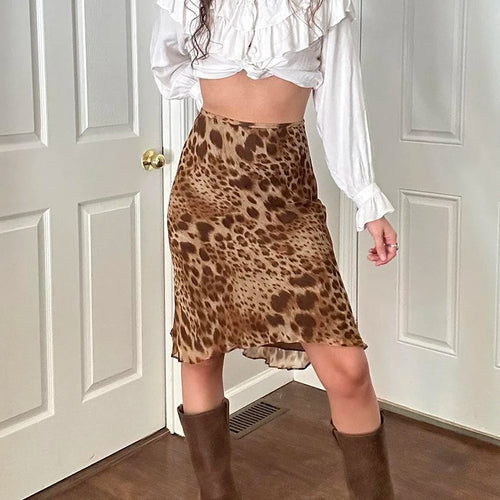 Load image into Gallery viewer, Vintage Leopard Print Frill Trim Mesh Women Skirt Low Waist Double Layers 90s Retro Knee-Length Skirt Party Clothing
