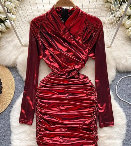 French Solid Elegant Office Ruched Holiday Party Wrapped Hip Mini Dress Women Short Pleated Zipper Evening Dress Popular Autumn